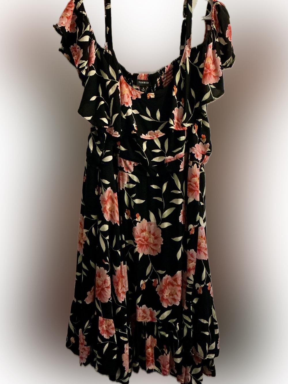Torrid Floral Smocked Back Mini Dress Size 3 (3X) Black Pink Ruffle Sleeve
